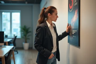 Jeune femme professionnelle examine une affiche dans un bureau moderne
