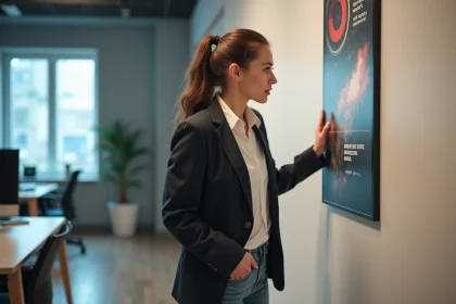 Jeune femme professionnelle examine une affiche dans un bureau moderne
