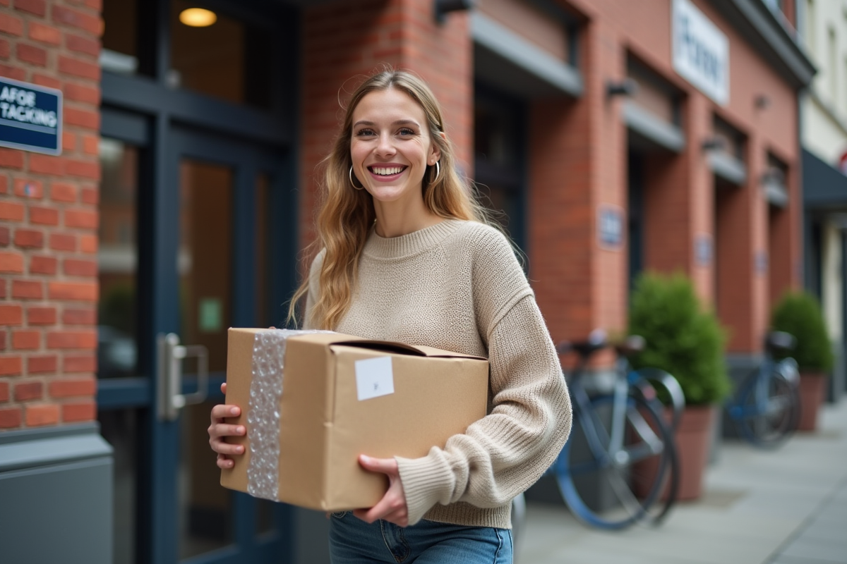 Jeune femme souriante portant un colis emballé devant un bureau de poste