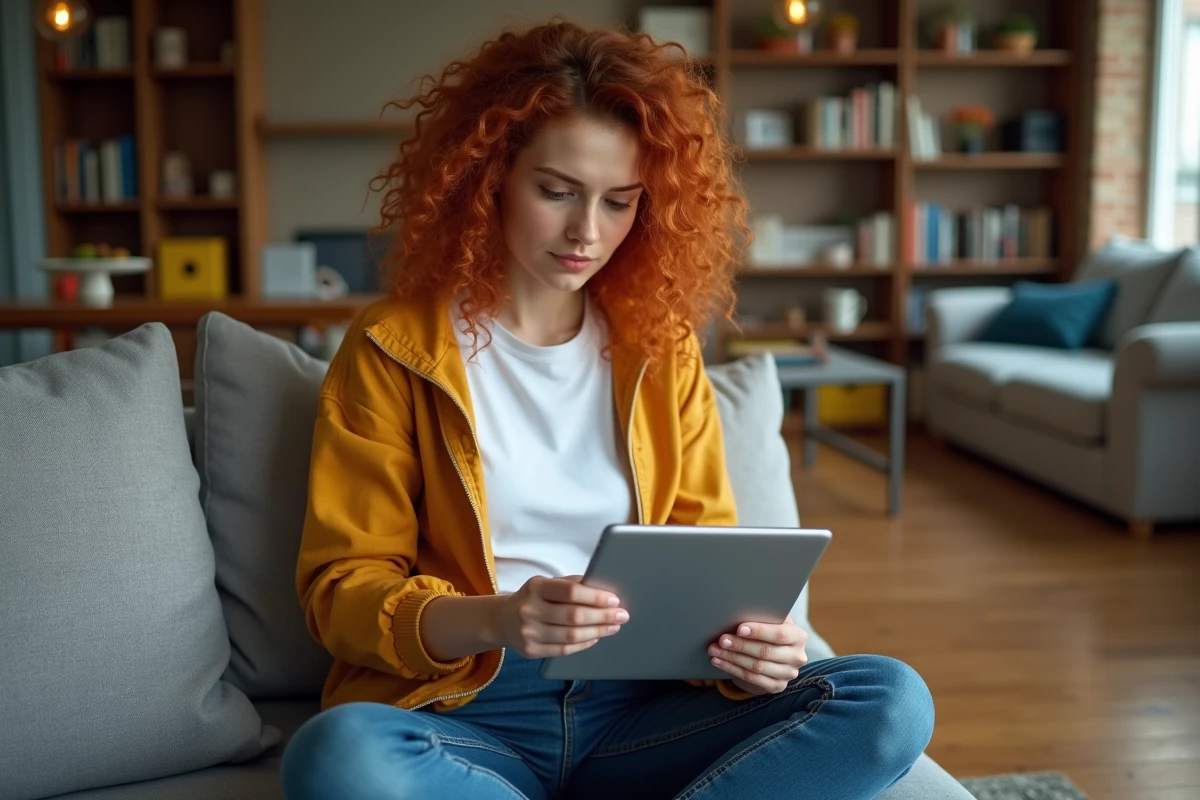 Jeune femme relisant les instructions de connexion Celoxam sur une tablette dans son salon
