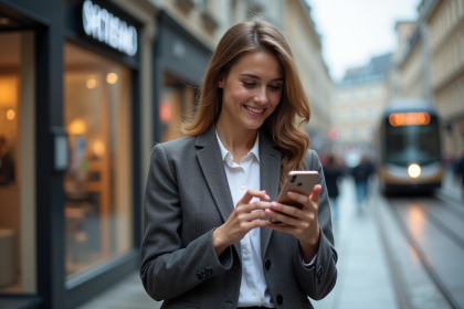 Jeune femme urbaine souriante avec smartphone en ville