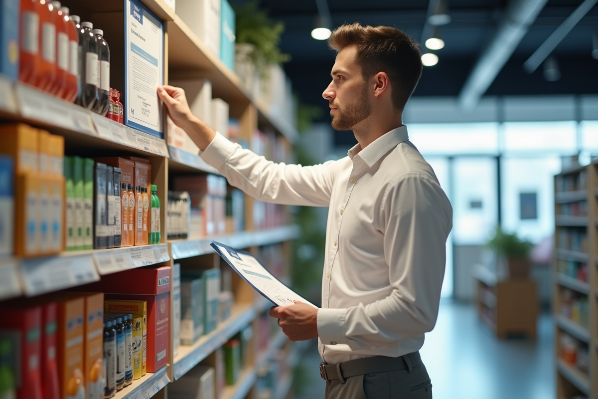 Jeune gérant accrochant un certificat dans un magasin