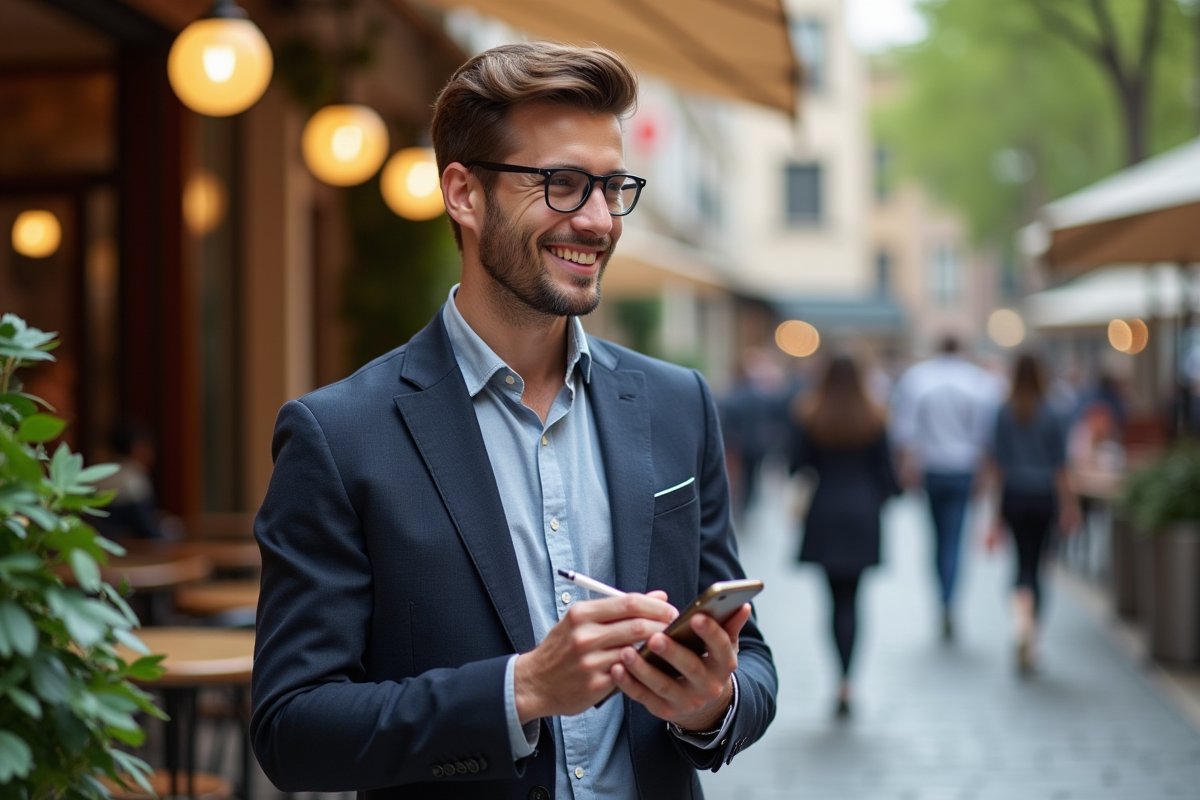 Jeune homme souriant avec smartphone devant un café de rue