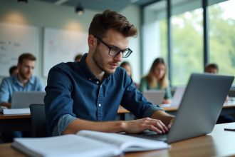 Jeune homme en classe universitaire concentré sur son ordinateur