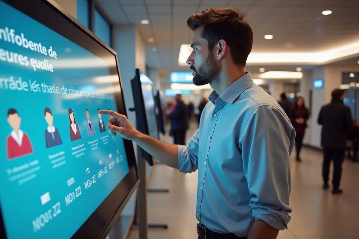 Jeune homme utilisant un kiosque d