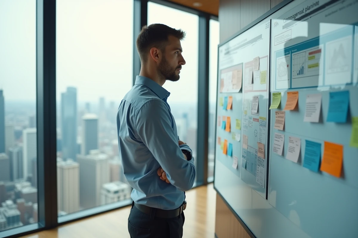 Jeune homme analysant un tableau de planning