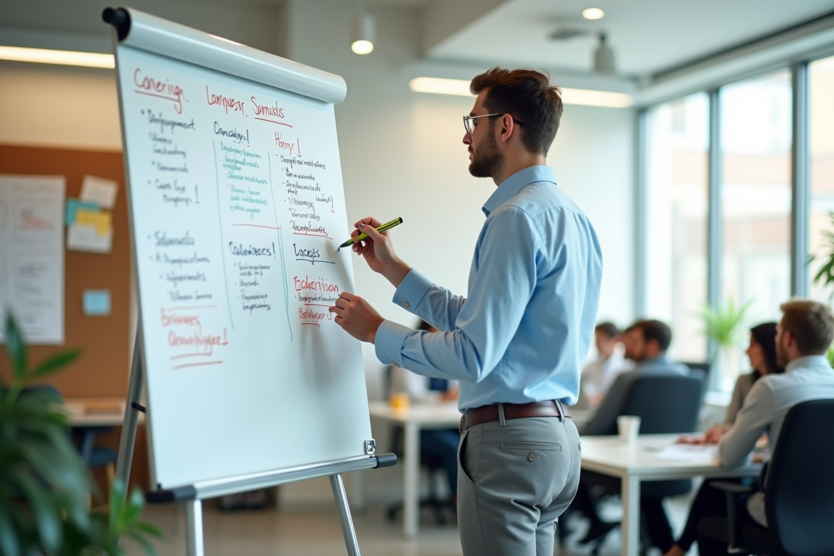 Jeune homme expliquant stratégie avec tableau blanc dans bureau