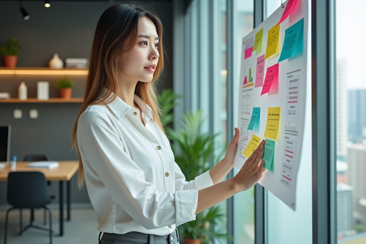 Jeune femme marketing analysant des stratégies sur un mur