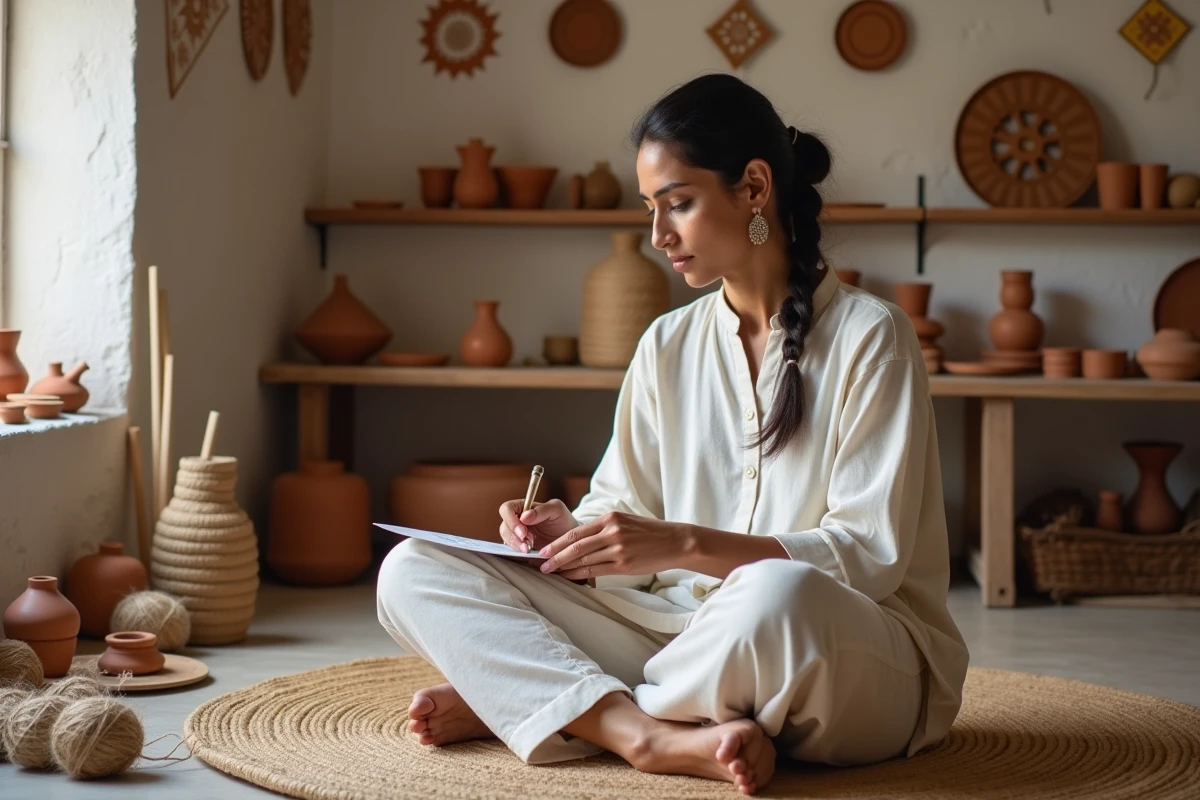 Femme artisane en Inde travaillant sur des prototypes en bois dans un atelier coloré, symbolisant la philosophie jugaad et l'innovation frugale