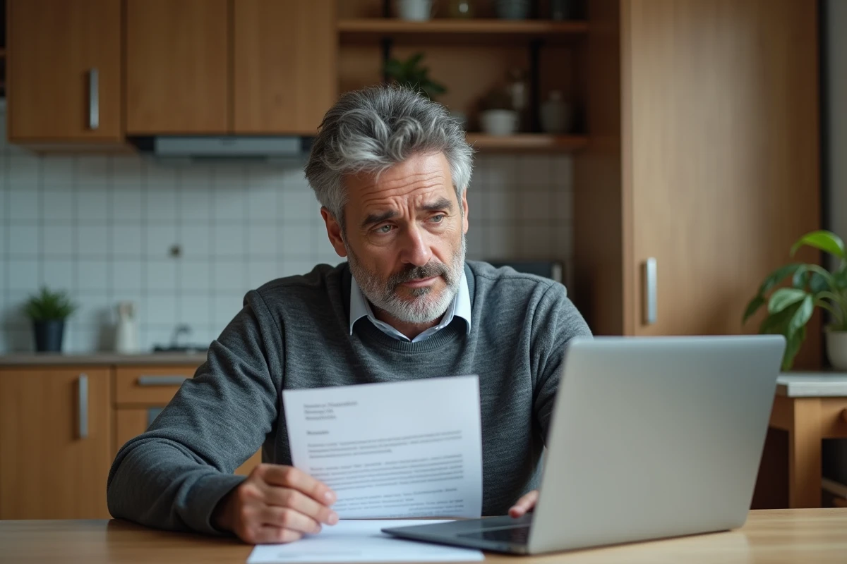 Homme à domicile lisant sa lettre de licenciement et cherchant ses droits au chômage en ligne, illustrant les conséquences d'un licenciement abusif