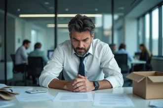 Homme stressé face à des documents de licenciement dans un bureau d'entreprise, illustrant les erreurs qui font perdre ses droits au chômage
