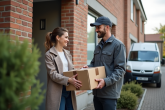 Femme belge acceptant un colis devant sa maison