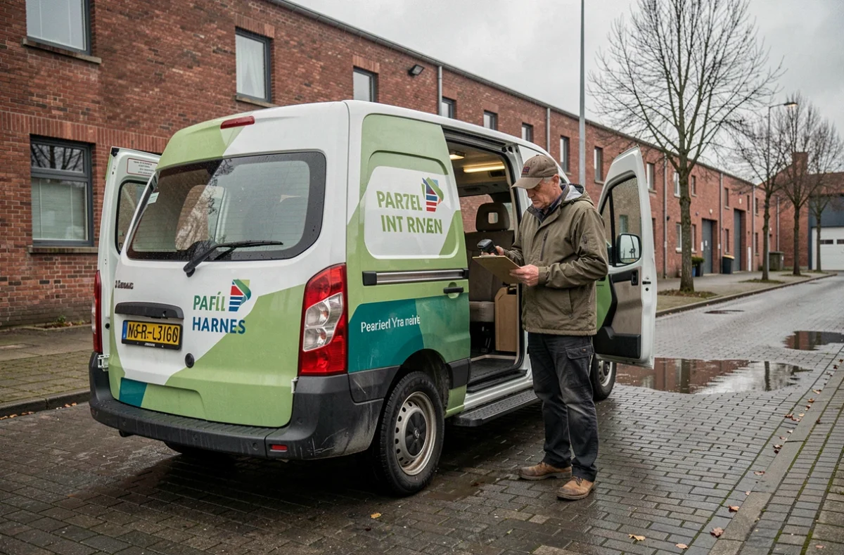 Livreur vérifiant des colis à l'arrière de sa camionnette dans une zone industrielle près d'Harnes par temps nuageux