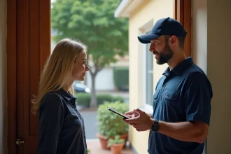 Livreur en uniforme présentant une tablette de signature numérique à une cliente sur le pas de sa porte lors d'un service d'avisage