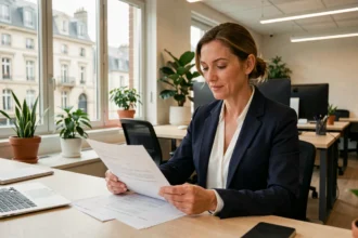 Femme professionnelle examinant un contrat de location de bureau à Tours dans un espace de coworking moderne
