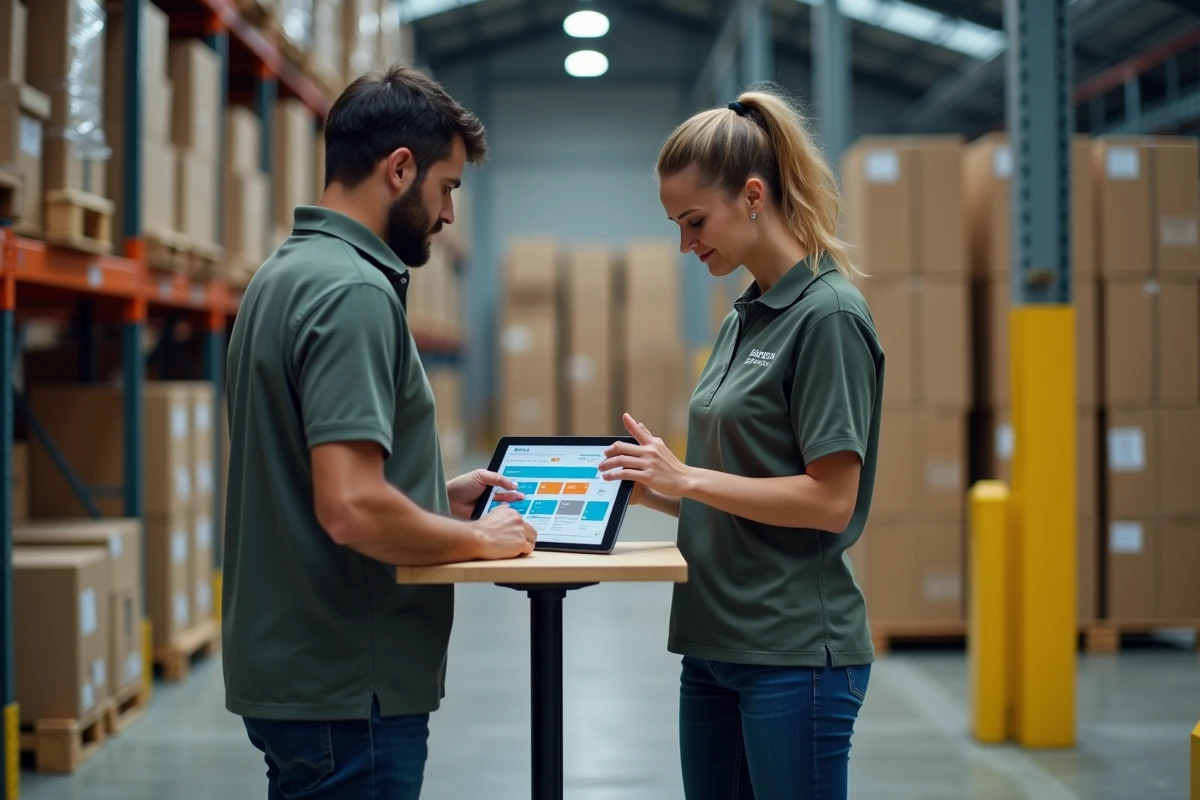 Deux professionnels de la logistique consultant le portail douanier Prodouane sur une tablette dans un entrepôt d'expédition
