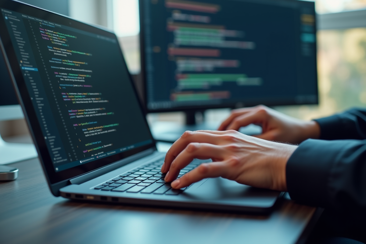 Mains tapant du code sur un clavier d