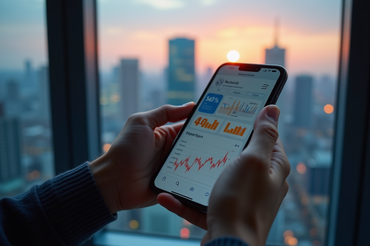 Mains tenant un smartphone avec graphiques financiers et réseaux sociaux