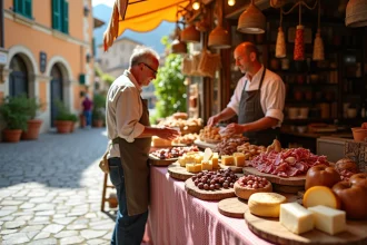 Marché traditionnel corse avec produits locaux charcuterie et fromages en Corse, alternative gastronomique à McDonald's