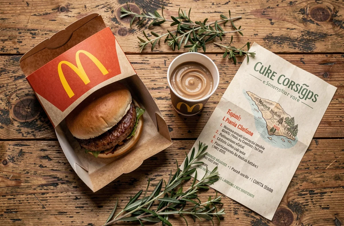 Flat-lay d'un repas McDonald's revisité avec des produits locaux corses, figatellu et crème de châtaigne