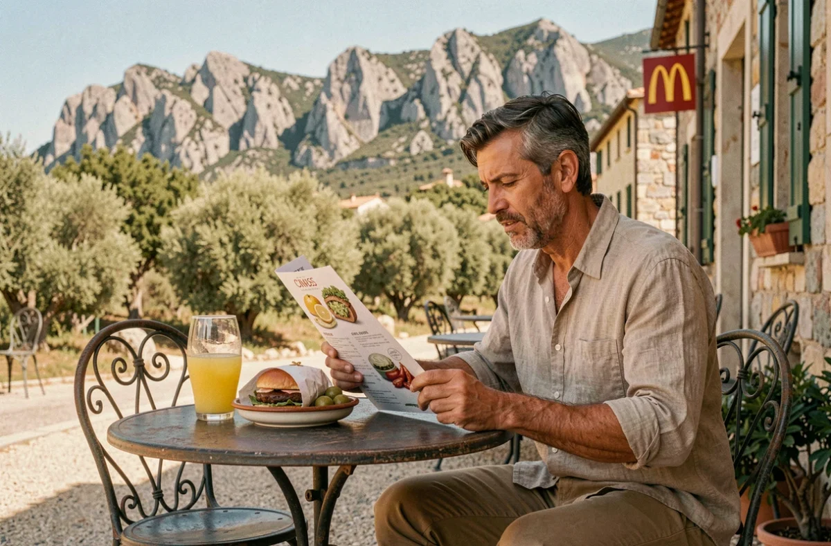 Terrasse extérieure d'un McDonald's corse sur une place de village avec vue sur les montagnes et le maquis