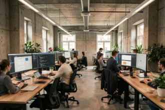 Vue d'ensemble d'une agence de création de sites internet en Maine-et-Loire avec des professionnels travaillant sur des écrans