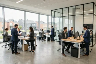 Vue d'ensemble d'un cabinet de recrutement moderne en Seine-et-Marne avec des professionnels en réunion