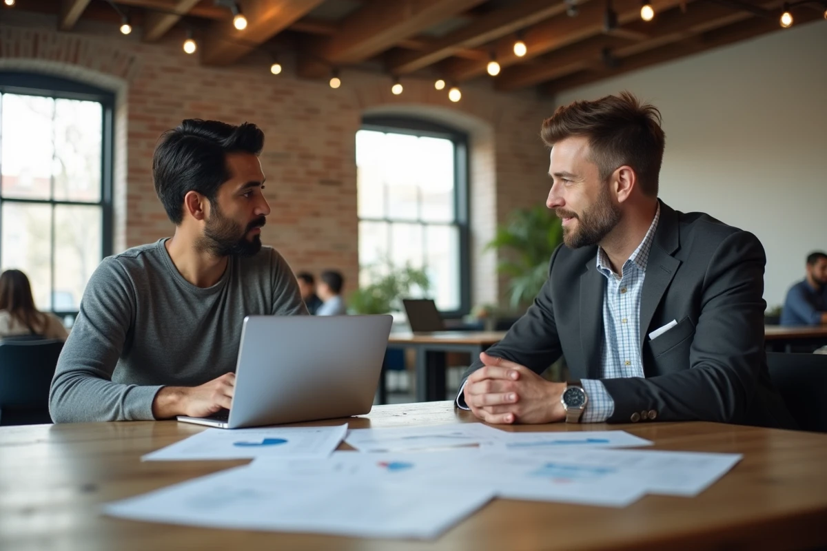 Séance de mentorat entre un entrepreneur et un investisseur dans un espace de coworking d'un accélérateur à San Francisco