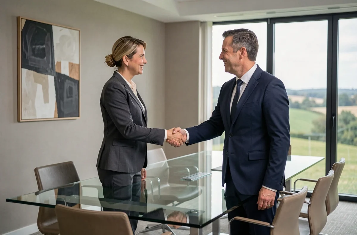 Consultante Michael Page concluant le recrutement d'un cadre dirigeant lors d'une poignée de main professionnelle