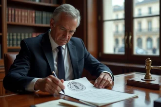 Notaire examinant un document de refonte de logo dans son bureau parisien traditionnel