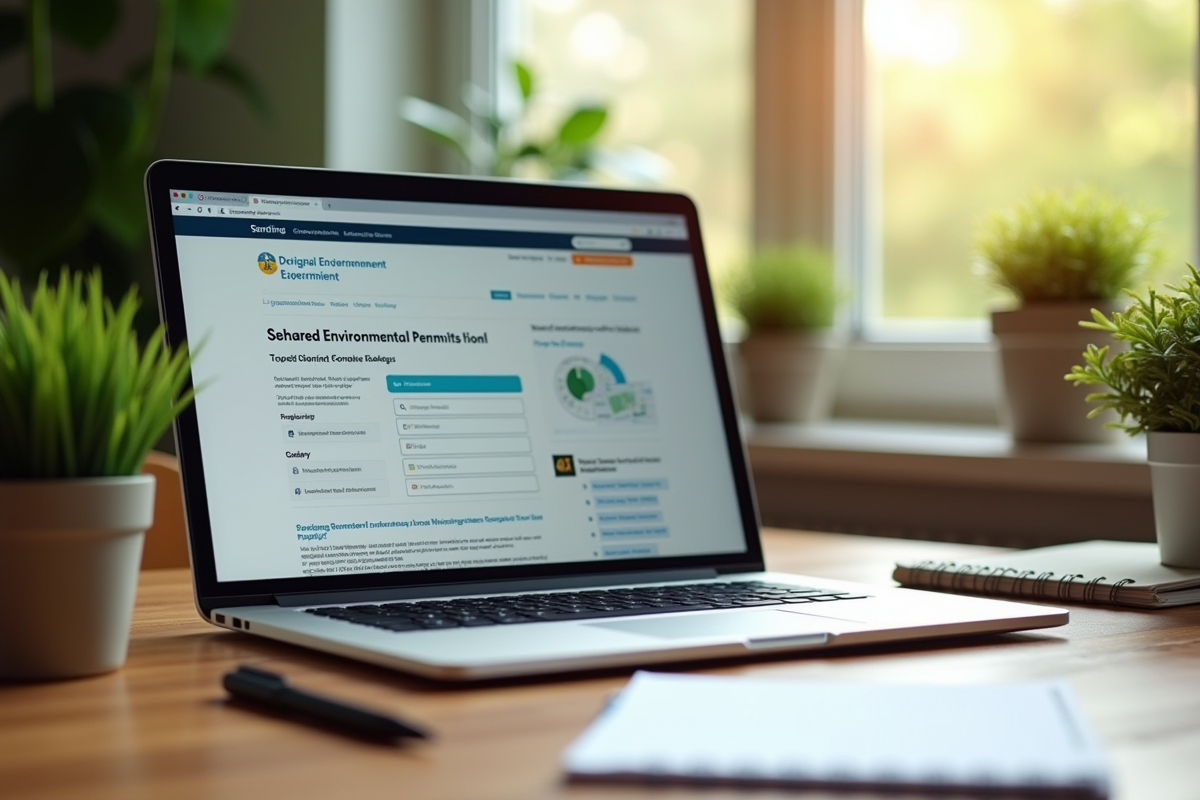 Ordinateur portable affichant un site sur les permis environnementaux à la maison