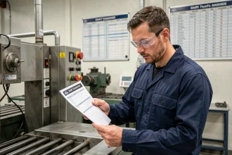 Ouvrier en poste 5x8 consultant une checklist de prise de poste en usine