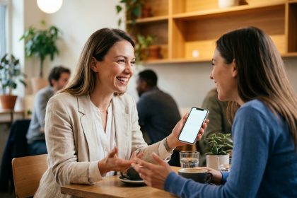 Deux femmes dans un café partageant une recommandation client via smartphone, illustrant le parrainage et le bouche-à-oreille en ligne