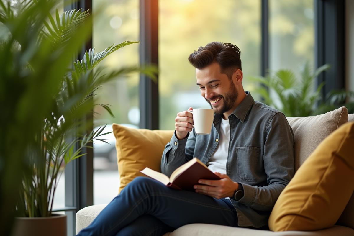 Employe relaxant avec cafe dans un espace vert lumineux