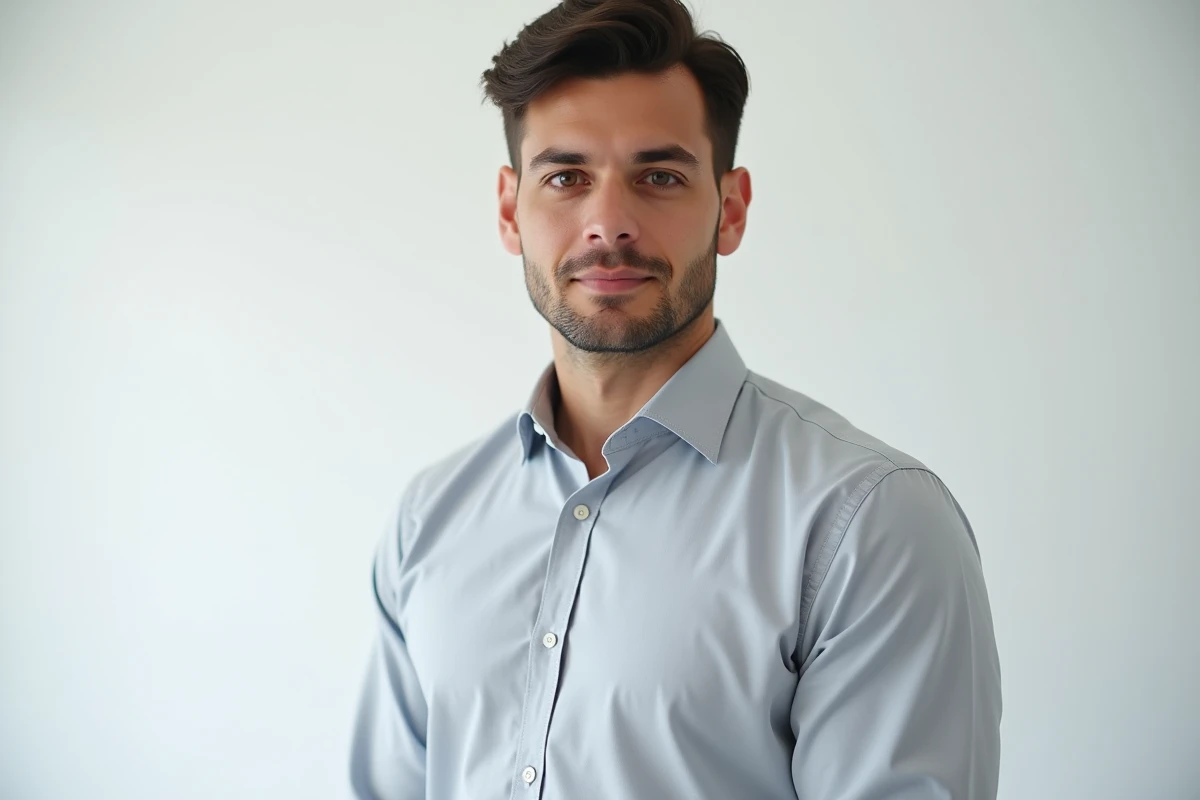 Portrait homme en studio sur fond blanc pour photo professionnelle de CV