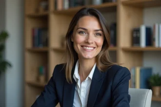 Femme professionnelle souriante en blazer marine pour une photo de CV réussie