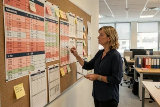 Une responsable RH examine un planning mural de 12 heures avec des codes couleur dans un bureau administratif moderne