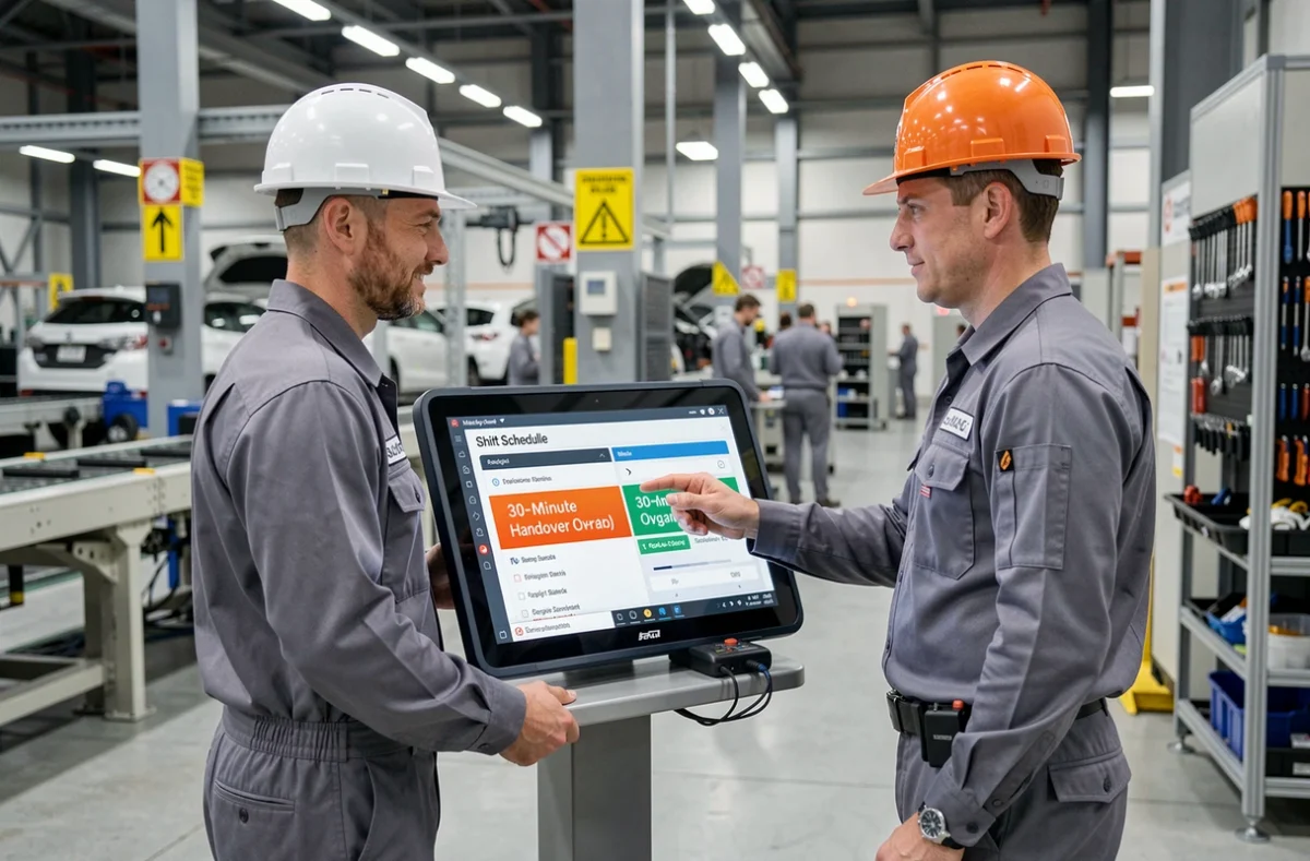 Deux ouvriers d'industrie effectuent le chevauchement de 30 minutes lors du changement de poste 12 h devant un tableau numérique en usine