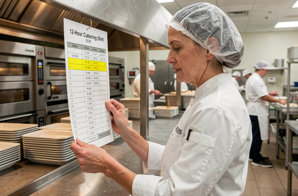 Une cuisinière en restauration collective consulte son planning 12 h avec coupure méridienne affiché au-dessus d'un poste de préparation