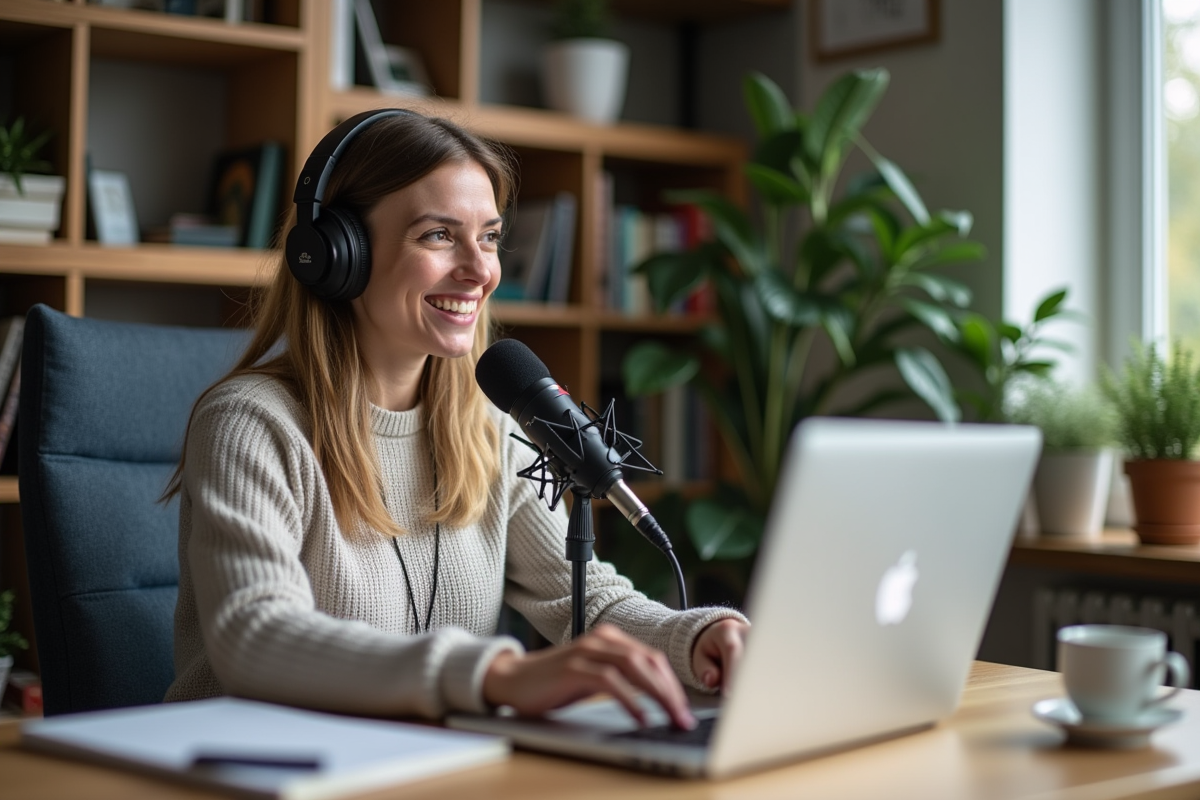 Femme parlant en podcast dans un bureau cosy