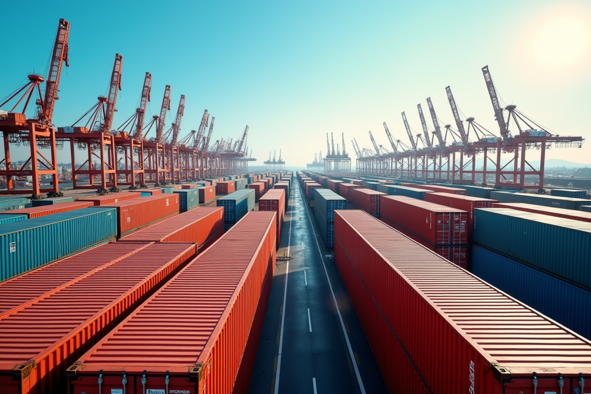 Conteneurs de commerce mondial au port animé