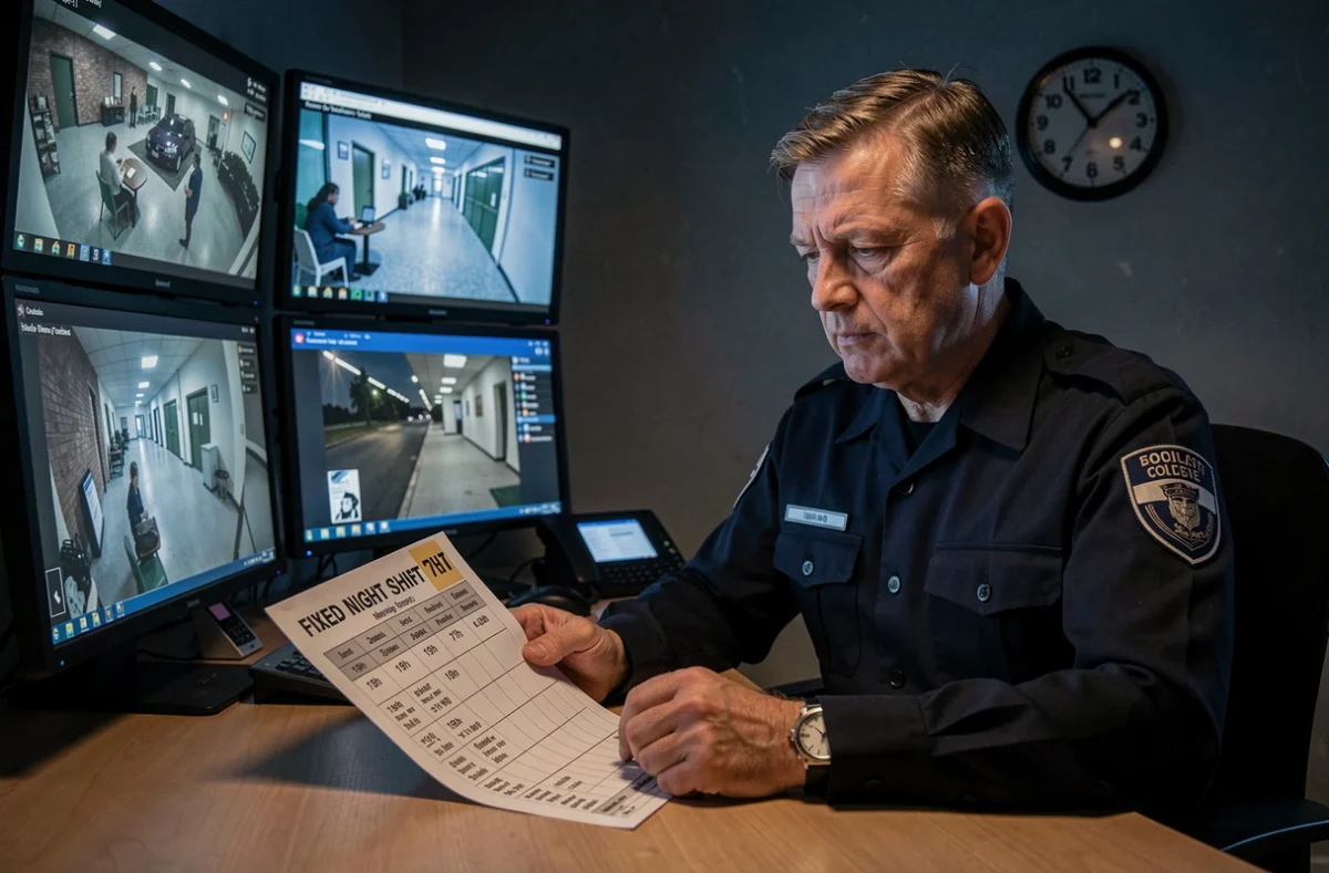 Un agent de sécurité en poste nocturne fixe 19h-7h consulte son planning dans une salle de surveillance peu active