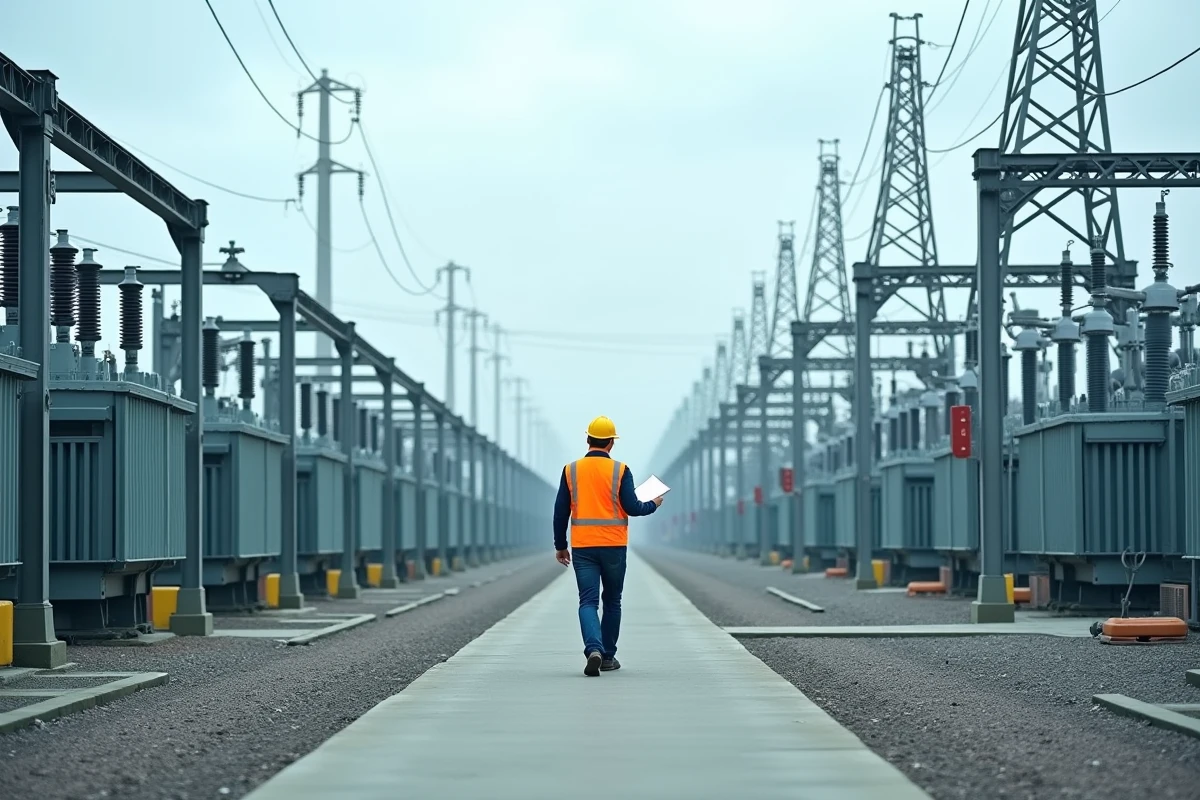 Technicien inspectant un poste de transformation électrique haute tension lié à la gestion des flux d'interchange sur le réseau