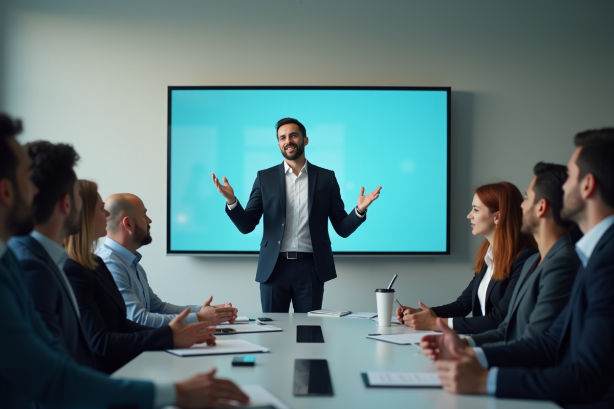 Cadre confiant présentant une stratégie marketing en réunion