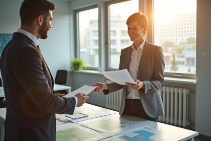 Professionnel souriant remettant des documents officiels dans un bureau moderne