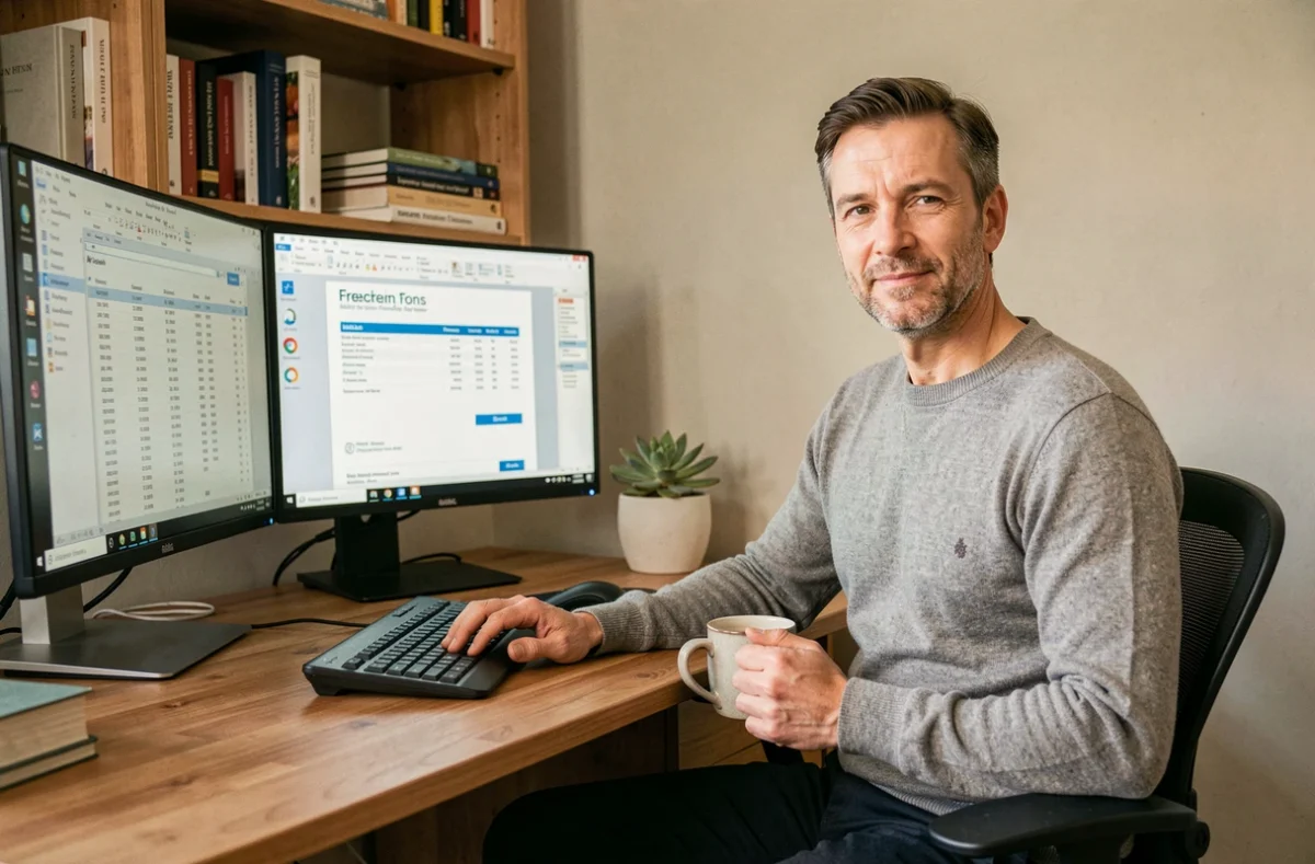 Professionnel en portage salarial travaillant depuis son bureau à domicile sur sa facturation freelance
