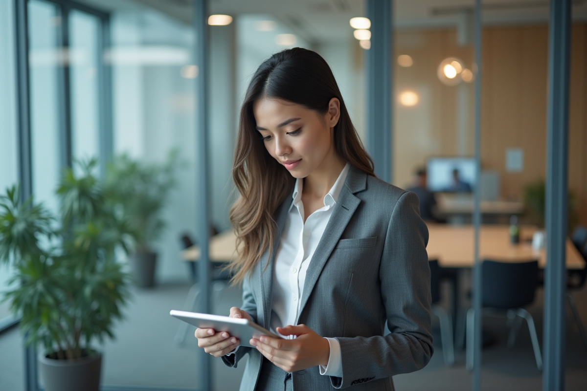 Professionnel RH vérifiant des credentials sur une tablette dans une salle vitrée
