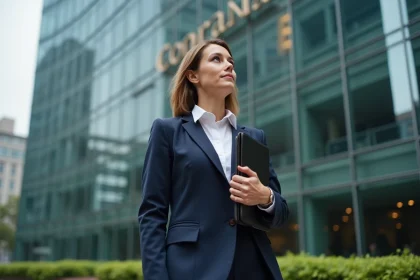 Professionnelle en blazer marine devant le siège d'un grand cabinet d'audit Big 4 dans un quartier d'affaires