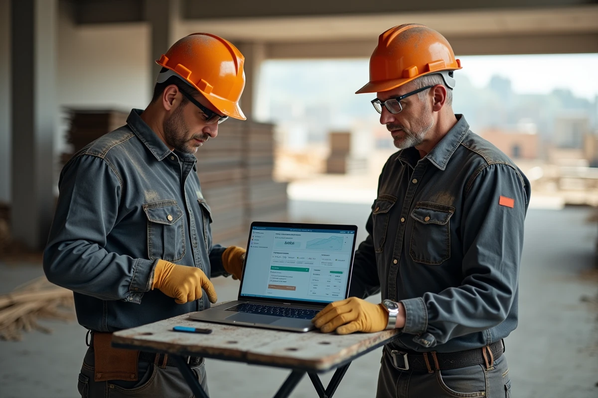 Deux professionnels du bâtiment consultant un logiciel de pilotage BTP sur ordinateur portable directement sur le chantier
