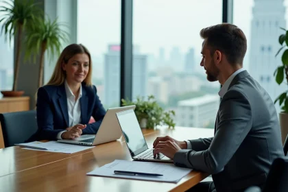 Deux professionnels en réunion dans un bureau moderne